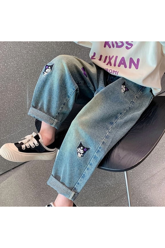 Anime Sanrio Kawaii Kuromi Hello Kitty Jeans Pants Cartoon Fashion Straight Elastic Waist Denim Trousers Casual Jeans