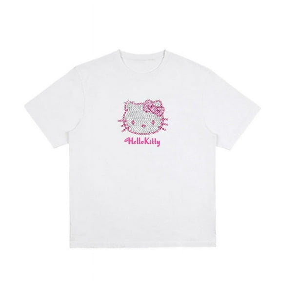 Anime Sanrioed Hello Kitty T-Shirt Summer Clothes Kawaii 100% Cotton Tops Rhinestones Y2K Millennium Vintage Women Cute Fashion