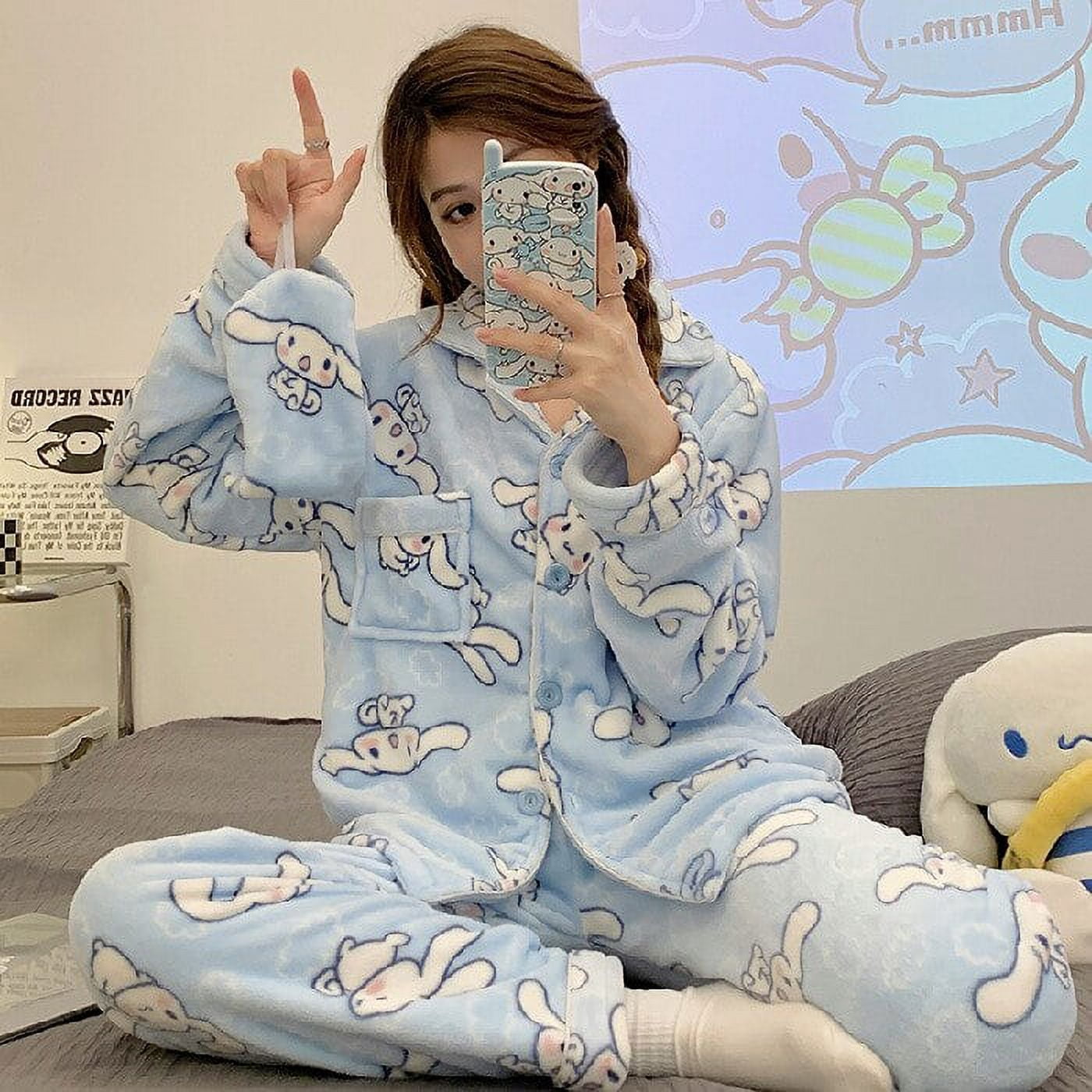Anime Sanrios Hellokittys Kuromi Cinnamoroll My Melody Pochacco Cartoon Cute Home Garment Autumn and Winter Plush Soft Pajamas