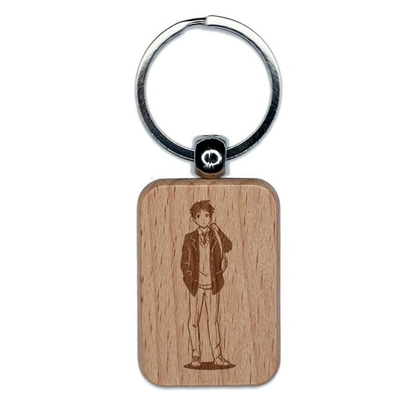 Anime School Boy Student Rectangle Keychain Charm Tag - Engraved Wood