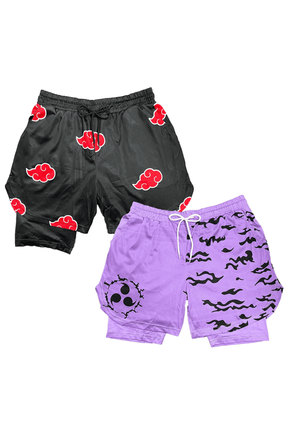 Anime Shorts 2pcs Set- Breathable Mesh Stretch Compression Gym Short with Pockets and Towel Holder, A