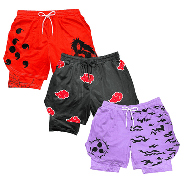 Anime Shorts 3pcs Set- Breathable Mesh Stretch Compression Gym Short with Pockets and Towel Holder (XL)