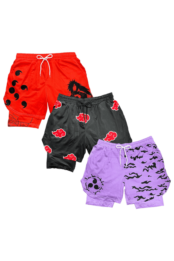 Anime Shorts 3pcs Set- Breathable Mesh Stretch Compression Gym Short with Pockets and Towel Holder (XL)