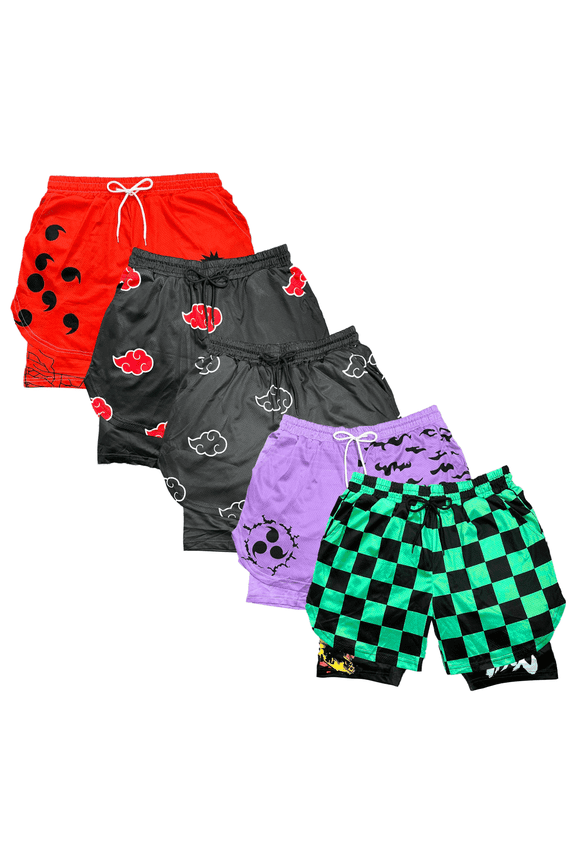 Anime Shorts 5pcs Set- Breathable Mesh Stretch Compression Gym Short with Pockets and Towel Holder, Large