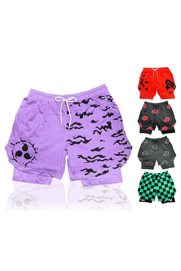 Anime Shorts - Breathable Mesh Basketball Workout Sweat Stretch Compression Lined Workout Gym Short with Soft Pockets and Towel Holder (L-PurpleC)