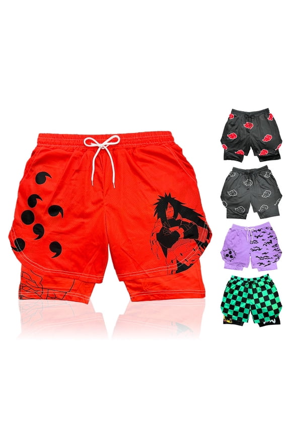 Anime Shorts - Breathable Mesh Basketball Workout Sweat Stretch Compression Lined Workout Gym Short with Soft Pockets and Towel Holder (L-RedM)