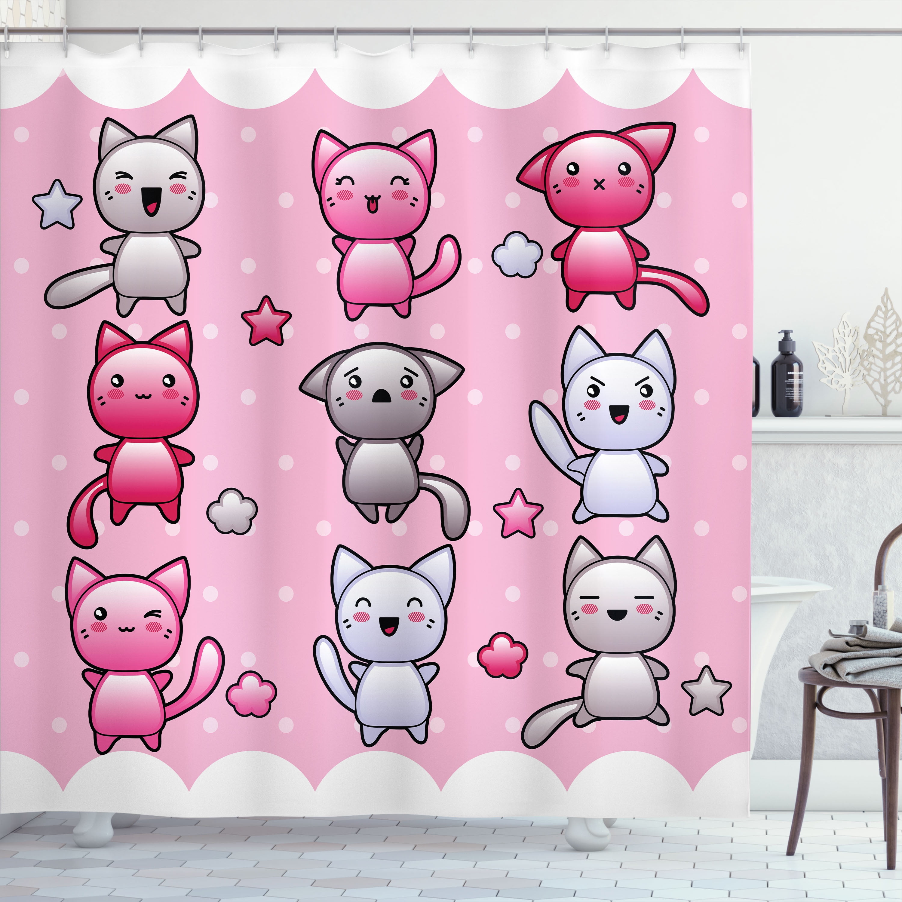 Anime Shower Curtain, For Kids Cute Kitty Doodles with Emotions Funny