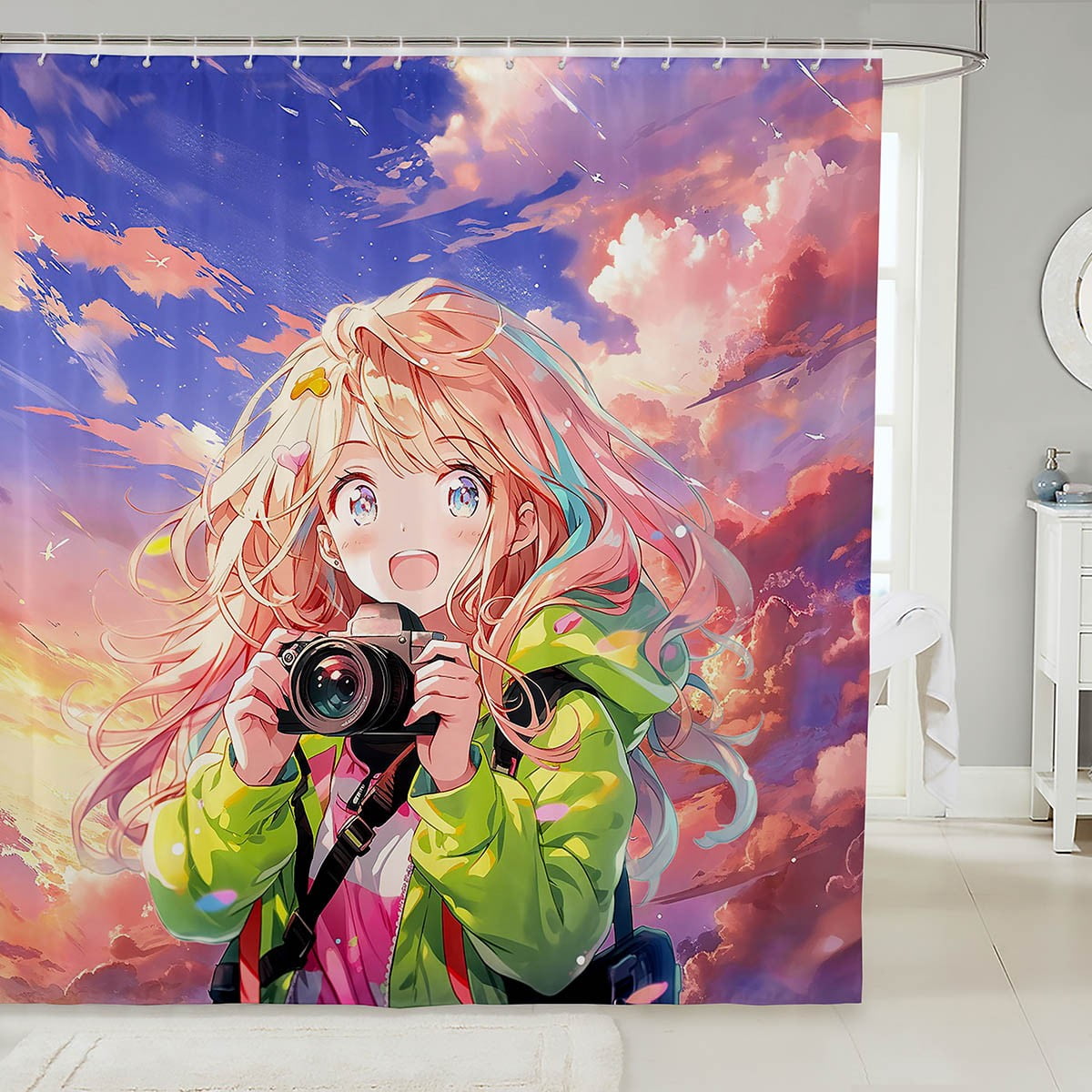 Anime Shower Curtain Set,Japanese Style Kawaii Anime Bathroom Set Room ...