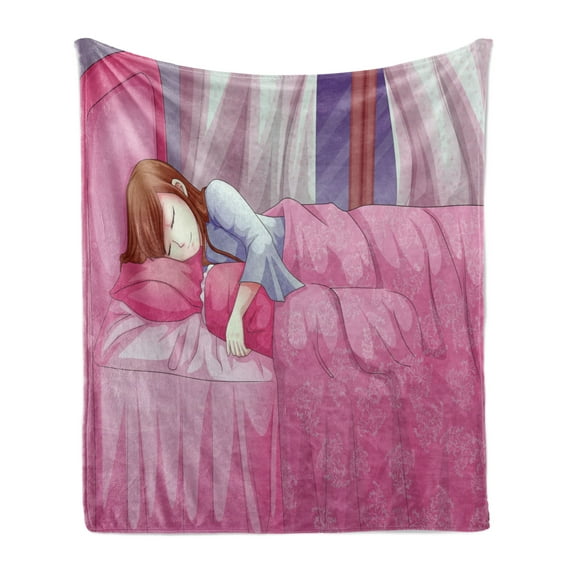 Anime Soft Flannel Fleece Blanket, Cartoon Illustration of a Sleeping Girl Japanese Culture Manga Themed Style Artwork Print, Cozy Plush for Indoor and Outdoor Use, 60" x 80", Pink, by Ambesonne