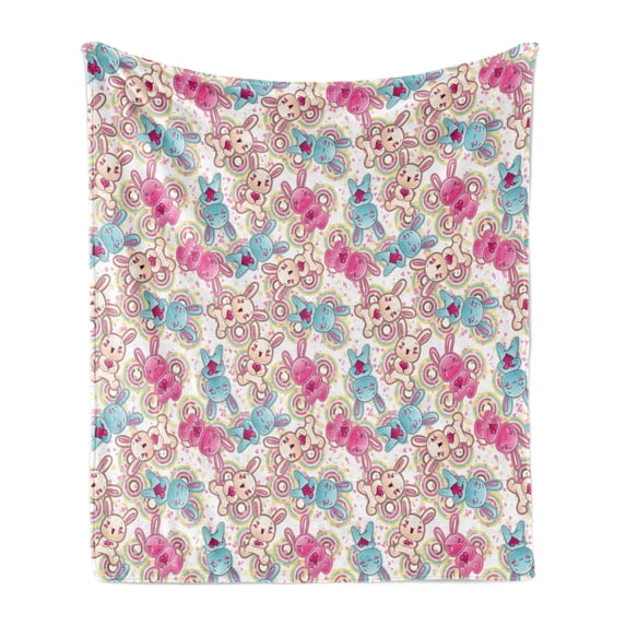 Anime Soft Flannel Fleece Blanket, Childish Pattern with Colorful and Happy Kawaii Characters Holding Pink Hearts Stars, Cozy Plush for Indoor and Outdoor Use, 50" x 70", Multicolor, by Ambesonne