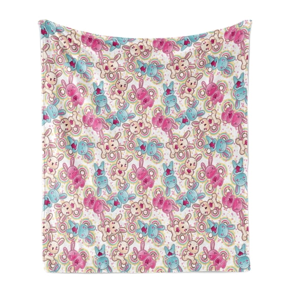 Anime Soft Flannel Fleece Blanket, Childish Pattern with Colorful and Happy Kawaii Characters Holding Pink Hearts Stars, Cozy Plush for Indoor and Outdoor Use, 50" x 70", Multicolor, by Ambesonne