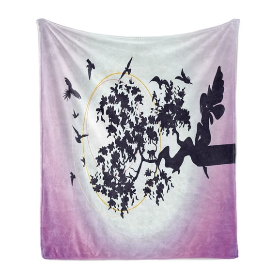 Anime Soft Flannel Fleece Blanket, Fantasy Fairy Silhouette Sitting on the Branch of Tree with Flying Birds, Cozy Plush for Indoor and Outdoor Use, 50" x 60", Dark Purple and Fuchsia, by Ambesonne