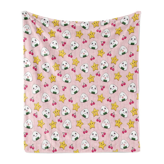 Anime Soft Flannel Fleece Blanket, Funny Pattern with Japanese Rice Balls Cherries and Stars Childish Food Cartoon Print, Cozy Plush for Indoor and Outdoor Use, 50" x 70", Multicolor, by Ambesonne