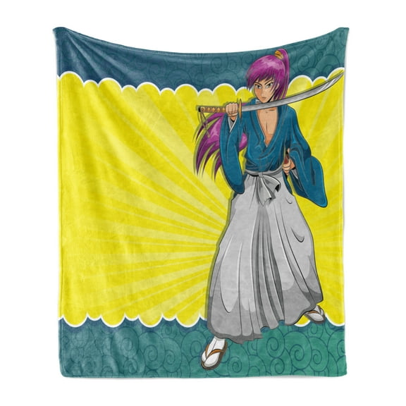 Anime Soft Flannel Fleece Blanket, Manga Style Girl Samurai Warrior Character on Abstract Background in Yellow and Blue, Cozy Plush for Indoor and Outdoor Use, 50" x 70", Multicolor, by Ambesonne
