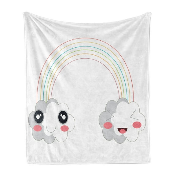 Anime Soft Flannel Fleece Throw Blanket, 2 Clouds and a Rainbow Happy Face Expressions Japanese Design Nursery Composition, Cozy Plush for Indoor and Outdoor Use, 70" x 90", Multicolor, by Ambesonne