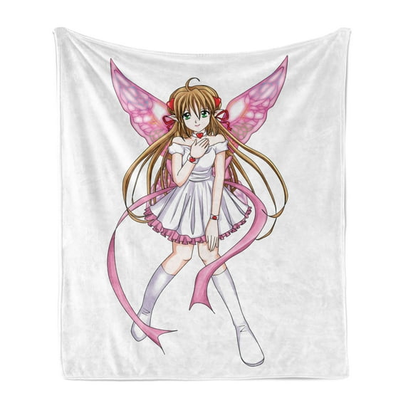 Anime Soft Flannel Fleece Throw Blanket, Cartoon Illustration of a Pixie Character with Hearts and Wings Fairy Angel, Cozy Plush for Indoor and Outdoor Use, 50" x 60", Multicolor, by Ambesonne
