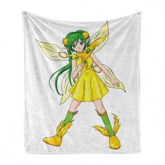 Anime Soft Flannel Fleece Throw Blanket, Fantasy Illustration of a Fairy Girl in a Yellow Dress Japanese Manga, Cozy Plush for Indoor and Outdoor Use, 70" x 90", Yellow Lime Green Ivory, by Ambesonne