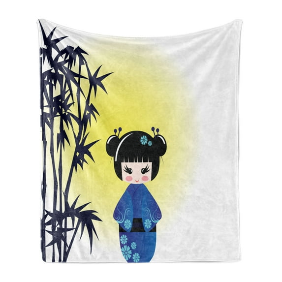 Anime Soft Flannel Fleece Throw Blanket, Illustration of a Kokeshi Doll and Bamboo Tree Japanese Traditional Kimono, Cozy Plush for Indoor and Outdoor Use, 50" x 60", Multicolor, by Ambesonne