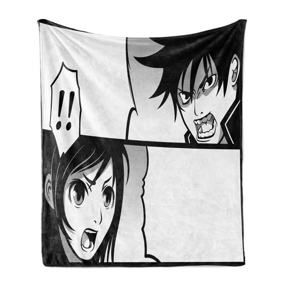 Anime Soft Flannel Fleece Throw Blanket, Japanese Comics Strip Boy and Girl Fight Scene Manga Image Cartoon Print, Cozy Plush for Indoor and Outdoor Use, 70" x 90", Black White Grey, by Ambesonne
