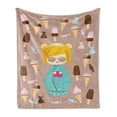 thumbnail image 1 of Anime Soft Flannel Fleece Throw Blanket, Japanese Kokeshi Summer Doll Illustration with Yummy Ice Cream and Candies, Cozy Plush for Indoor and Outdoor Use, 50" x 60", Multicolor, by Ambesonne, 1 of 6