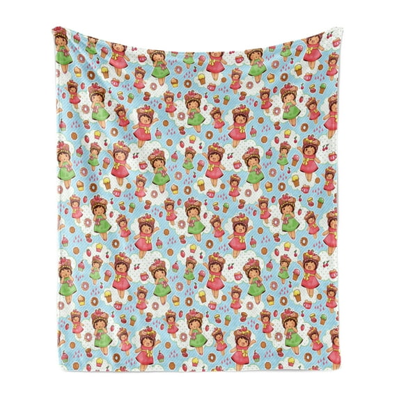 Anime Soft Flannel Fleece Throw Blanket, Little Girls with Fruit Waffle Hats Cookies Donuts and Cupcakes Yummy Pastries, Cozy Plush for Indoor and Outdoor Use, 70" x 90", Multicolor, by Ambesonne