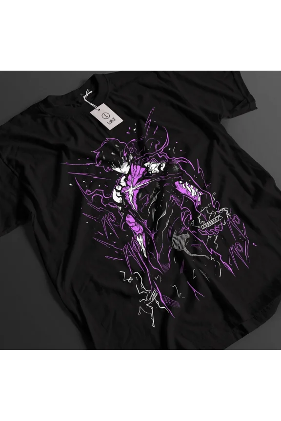 Anime Solo Leveling Sung Jinwoo Cool Armor Black T-Shirt Size S-5XL