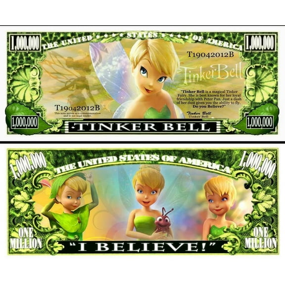 Anime Source Tinker Bell Think Fairy Peter Pan Character Commemorative Novelty Million Bill with Semi Rigid Protector