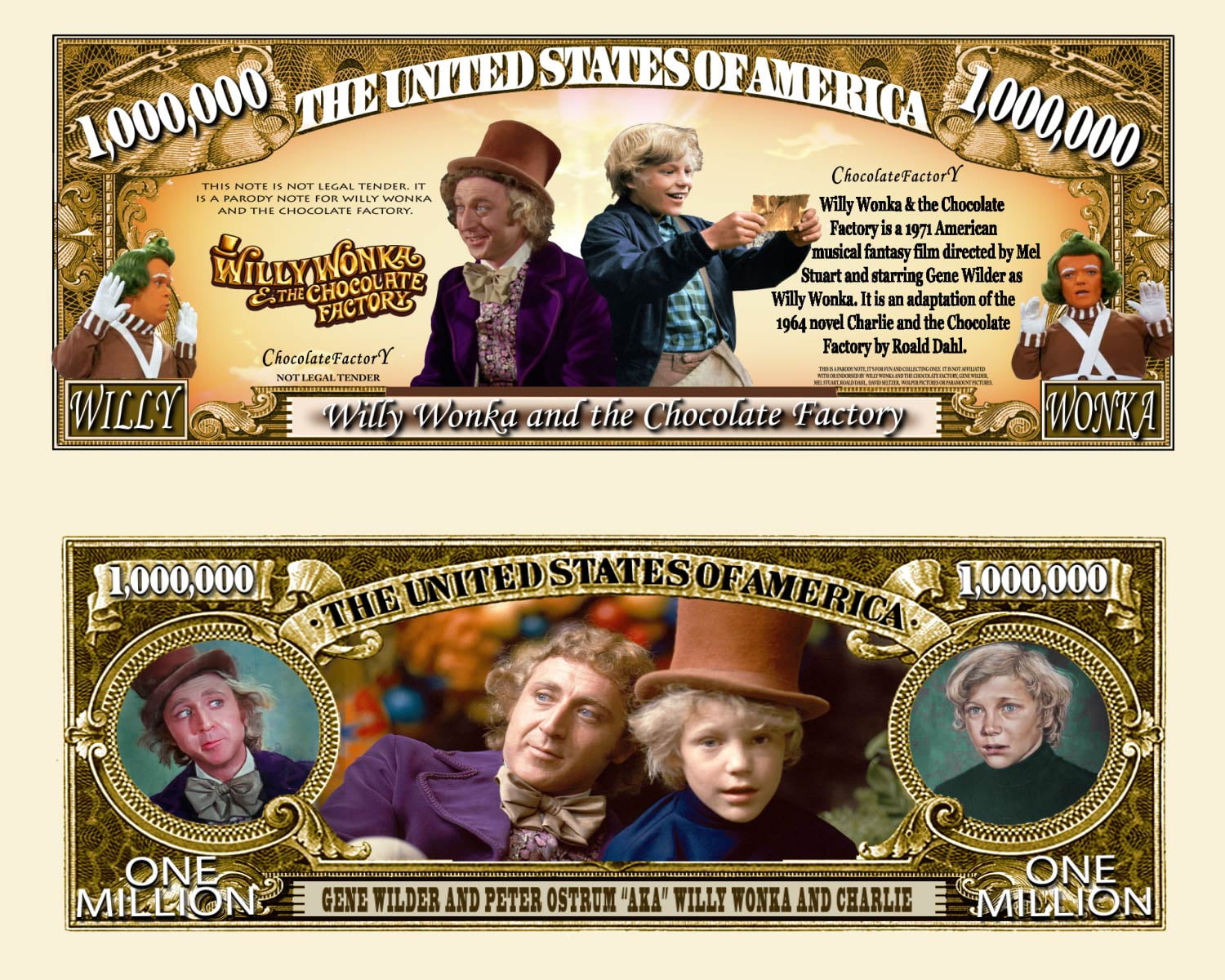 Anime Source Willy Wonka and The Chocolate Factory Charlie Oompa Loompa  Classic Movie Series Commemorative Novelty Million Bill with Semi Rigid 