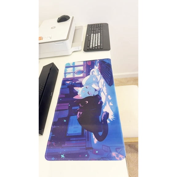 Anime Starry Night Black & White Cat Large Gaming Mouse Pad 23.6"x11.5" Non-Slip