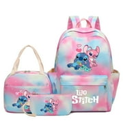 WSMXZDH Anime Stitch Backpack for kids, boys, girls, large capacity school bag with children's meal bag pen bag three-piece set, computer backpack