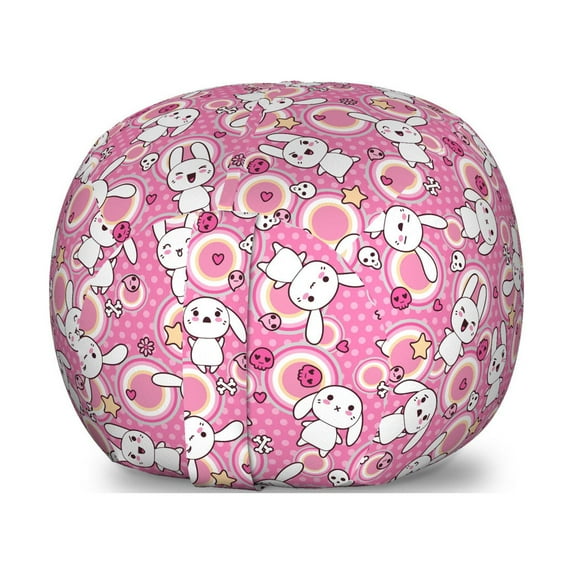 Anime Storage Toy Bag Chair, Funny Kawaii Illustration Rabbits Funky Animals Bunnies Humor Print, Stuffed Animal Organizer Washable Bag, Large Size, White Pink, by Ambesonne