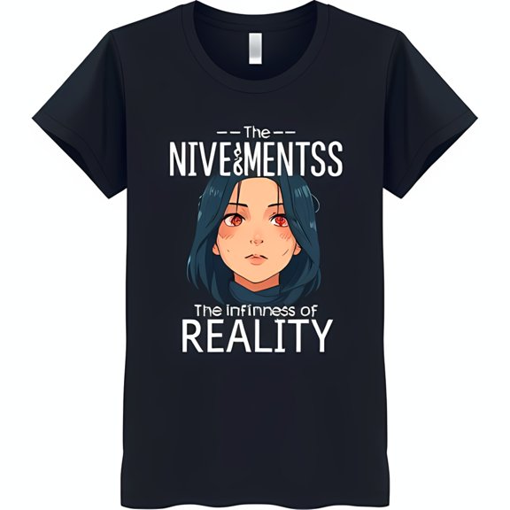 Anime Style Black T-Shirt with Dark Blue Haired Woman & Red Eyes Graphic 'The infinness of REALITY'