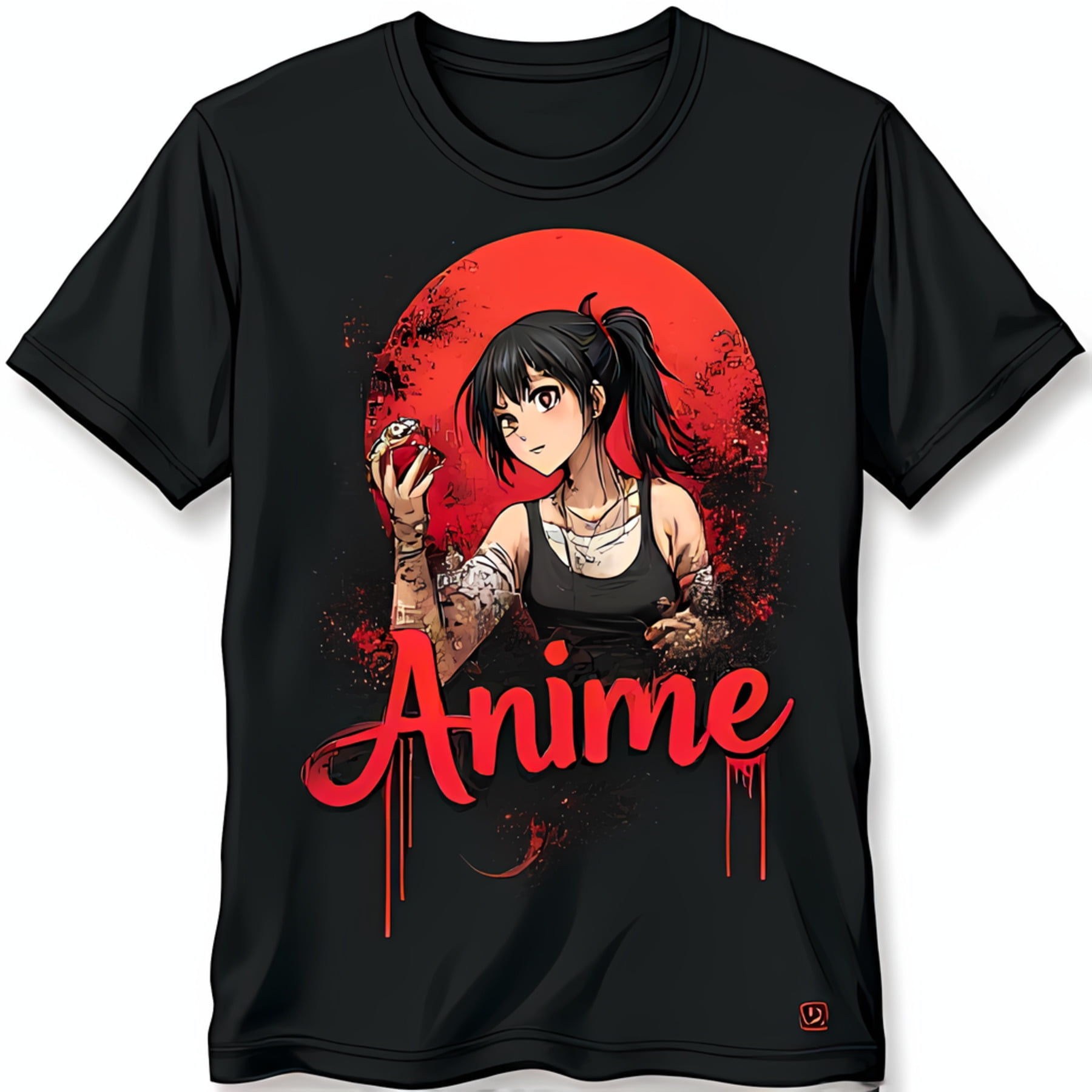 Anime Style Black T-Shirt with Grungy Illustration of Young Woman and Red Circle Design