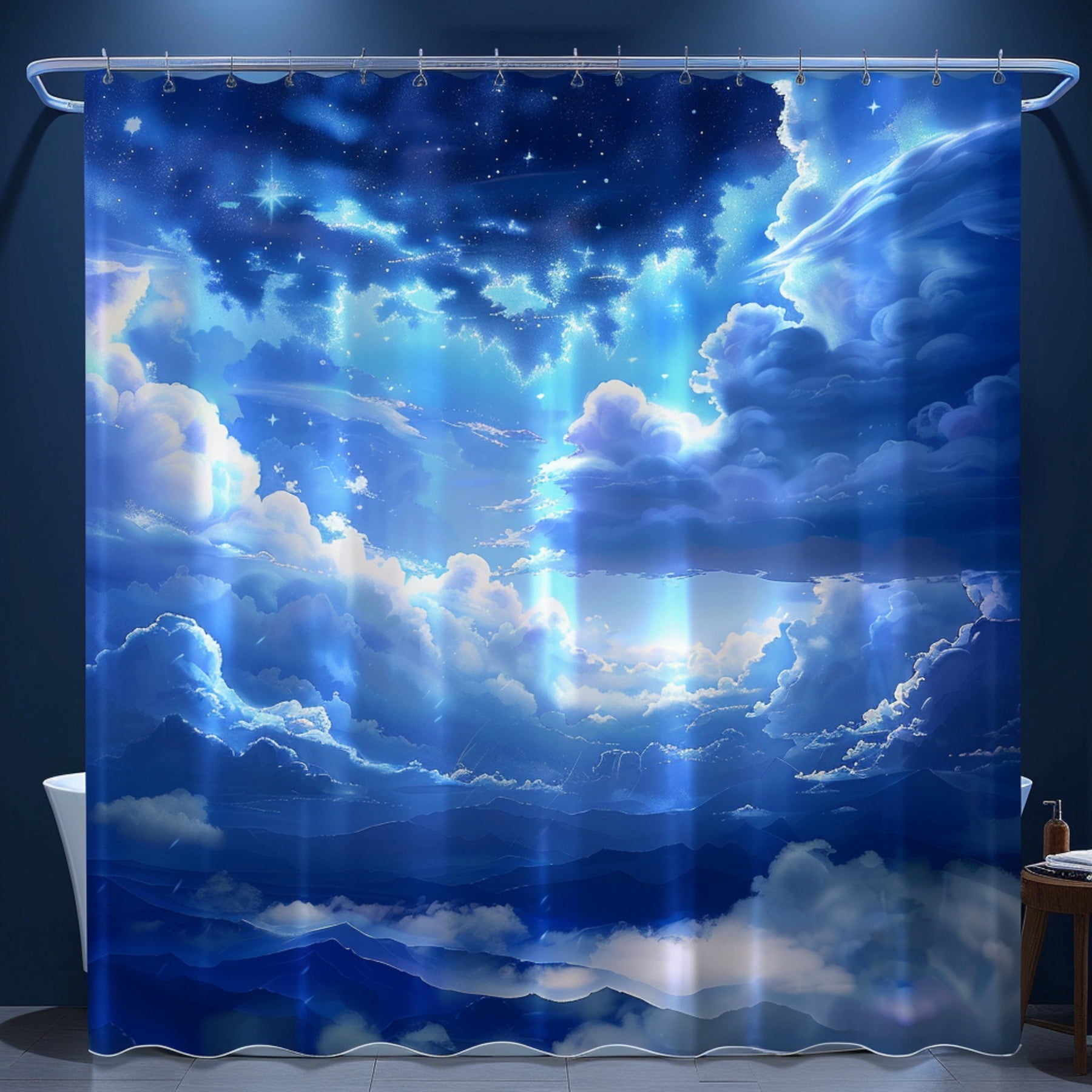 Anime Style Cloudy Night Sky Shower Curtain Dark Blue and White Fantasy Landscape Design Hyper