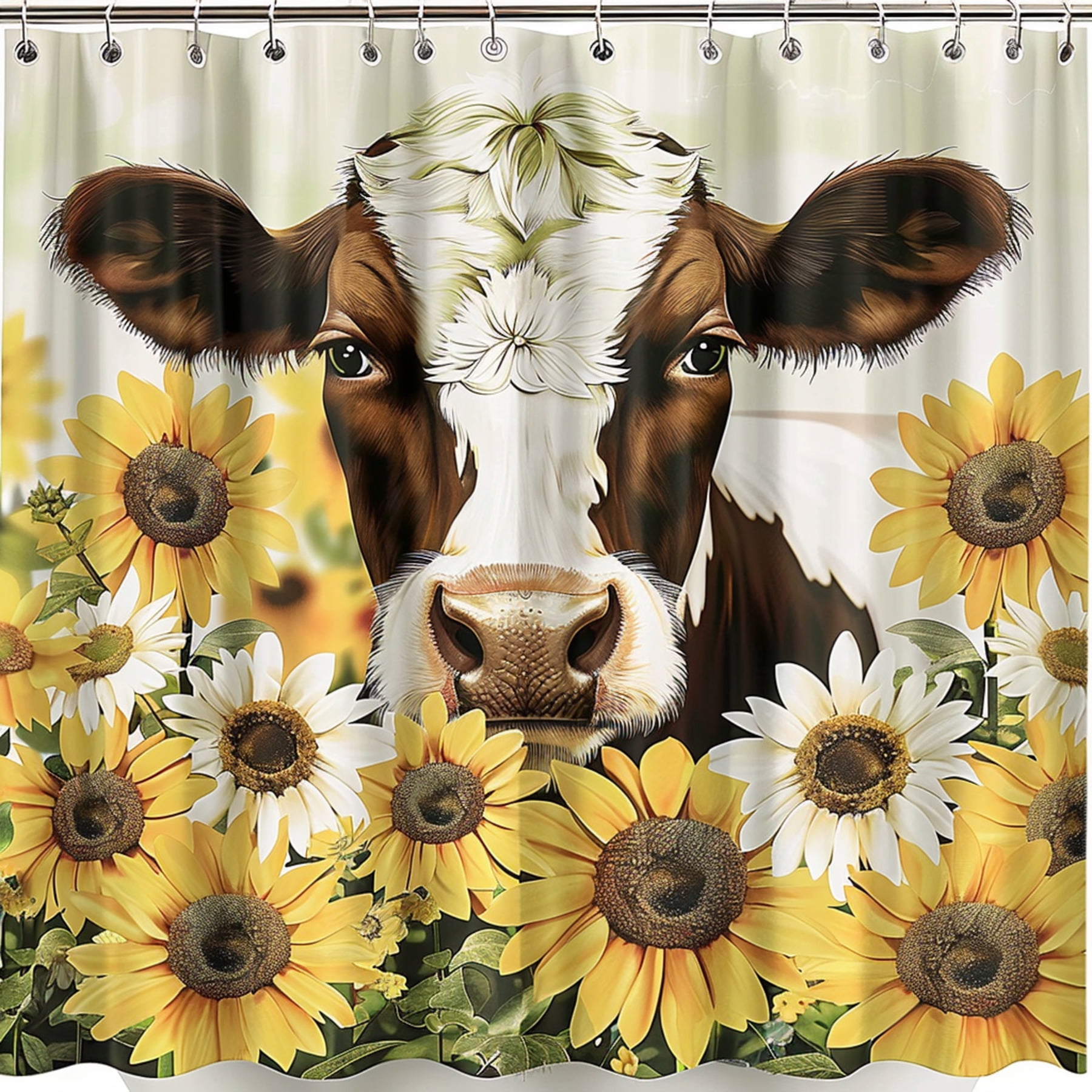 Anime Style Cute Cow and Sunflower Bathroom Decor with Cartoonish White Flowers and Yellow