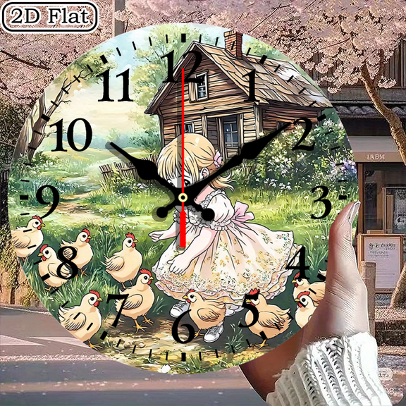 Anime Style Girl Chicks Meadow Scene Digital Wall Clock Round 10x10 Inch 1pc Battery Not Included