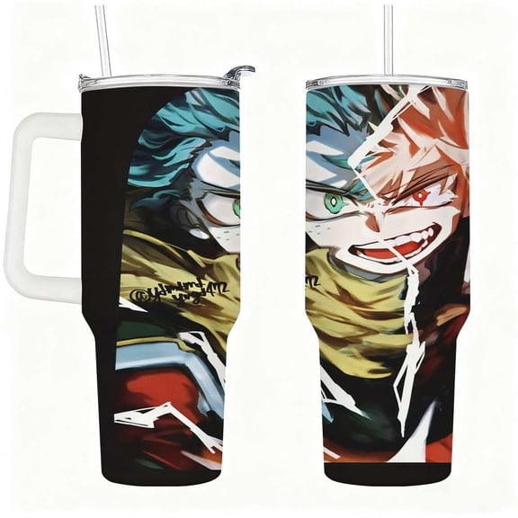 Anime Style Hero Stainless Steel Tumbler with Handle, Lid & Straw, Insulated Travel Water Cup