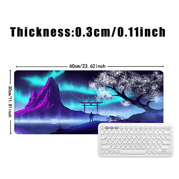 Anime Style Neon Sakura Mouse Pad 31.5 x 11.82 inches Rubber Desk Mat with Aurora Mountain and Torii Gate Design for Office and Gaming