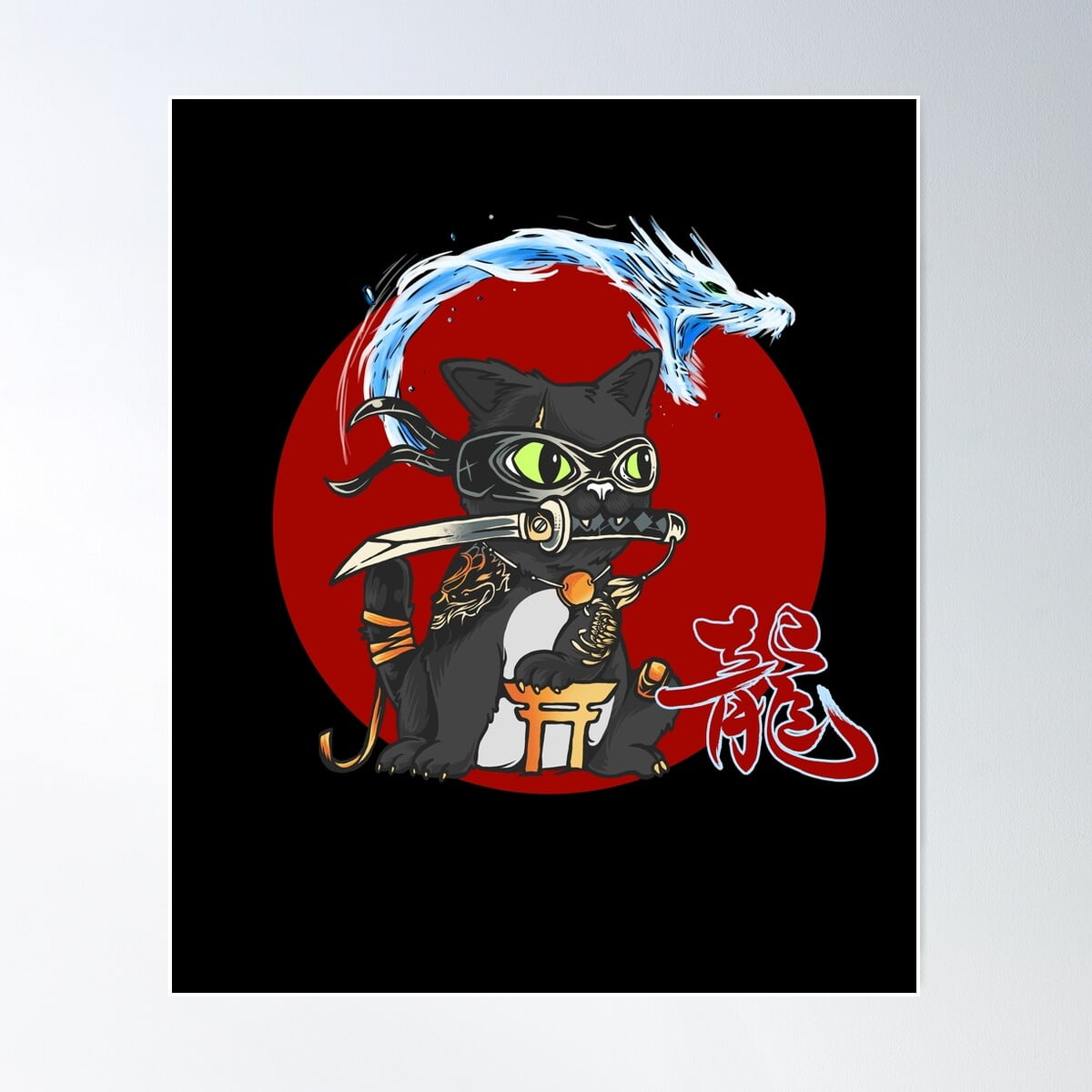 Anime Style Ninja Cat With Dragon And Shodo Calligraphy Of Dragon (Ryu ...