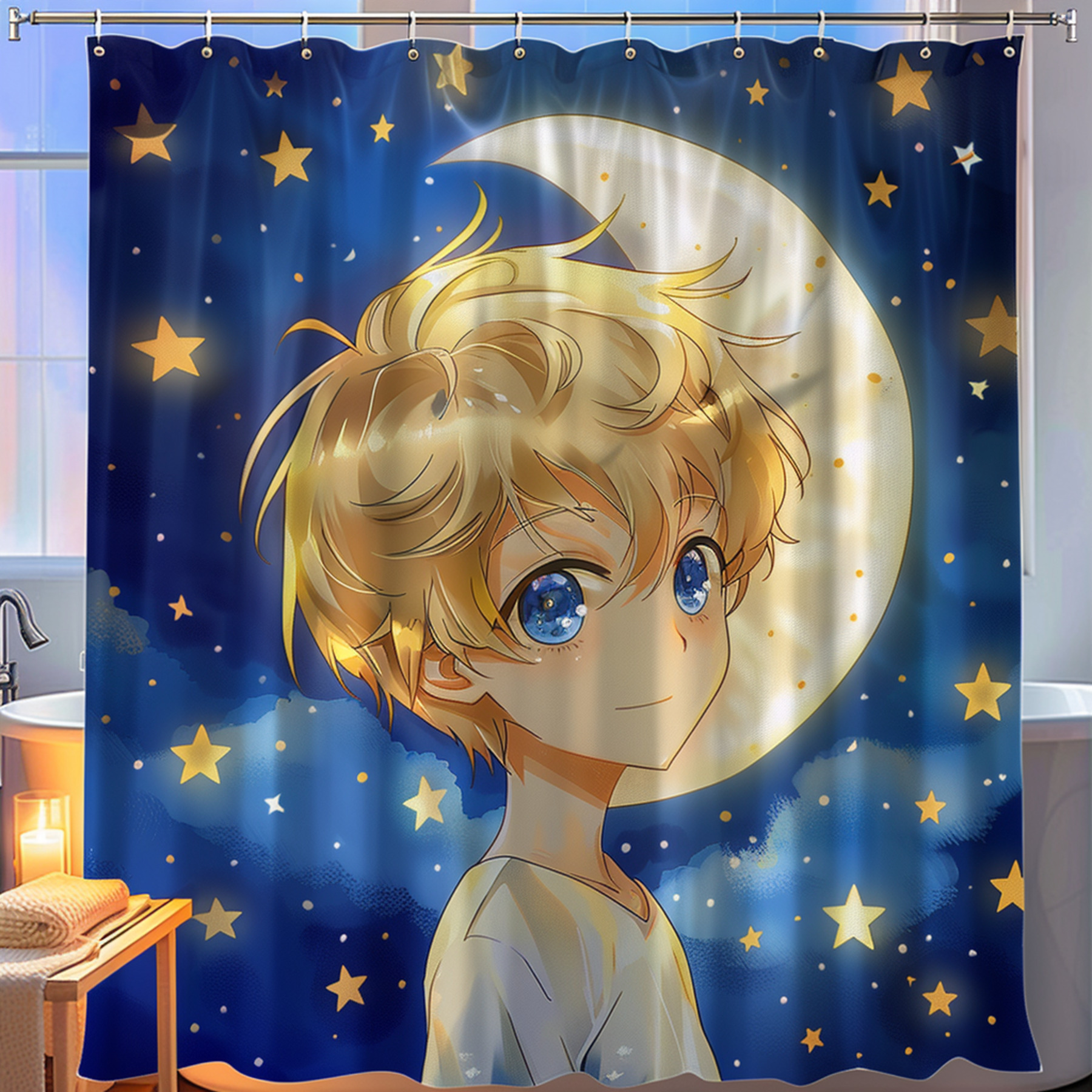 Anime Style Shower Curtain with Cute Prince and Night Sky Design Bathroom Decor with Stars and