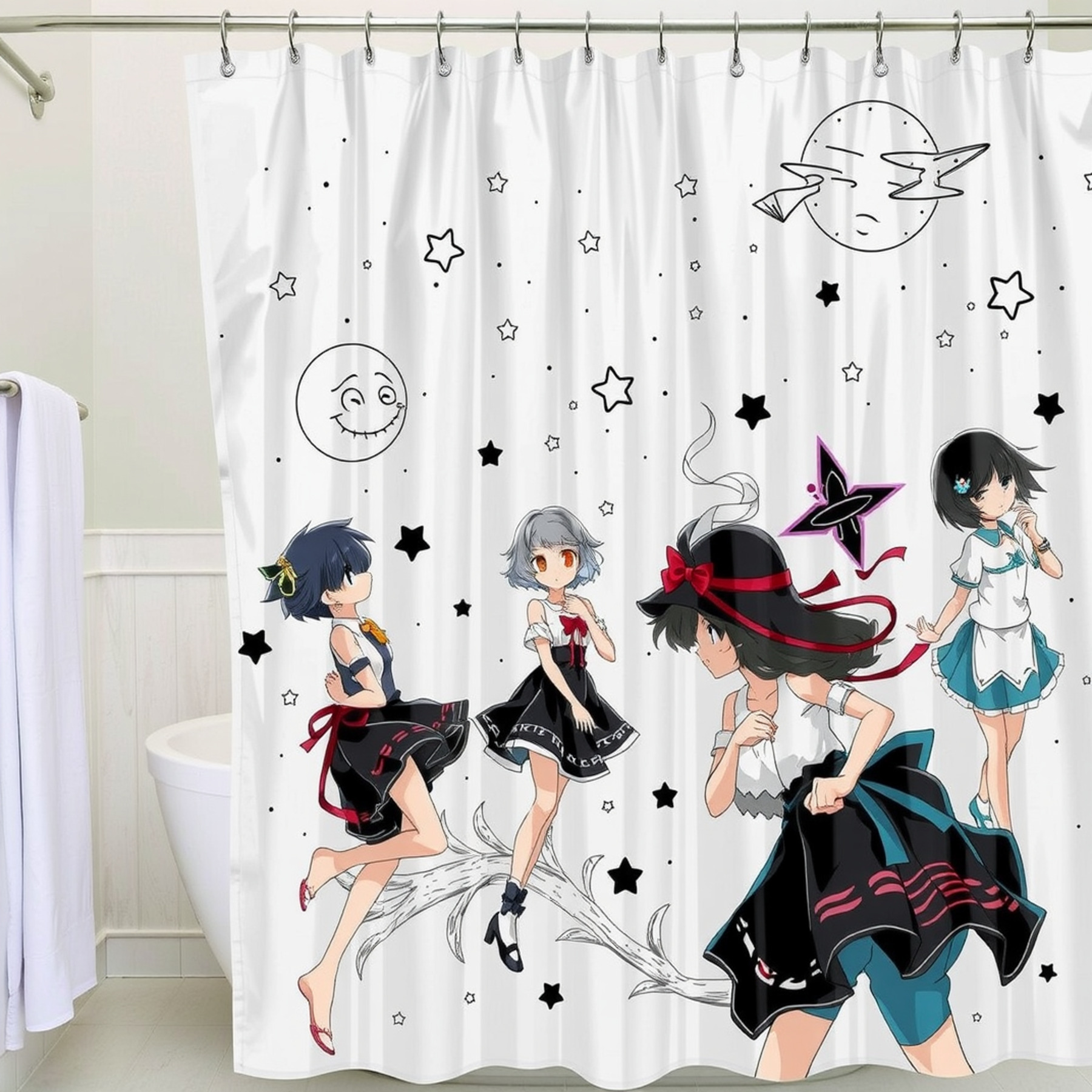 Anime-Style Shower Curtain with Whimsical Space Scene, Featuring Young