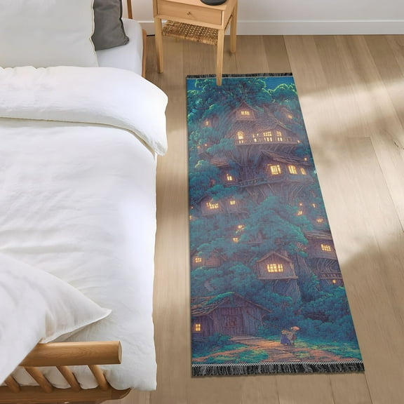 Anime Style Wooden House Bedroom Runner Rug 2'x 6' Non Slip Carpet Indoor Home Area Rug Living Room