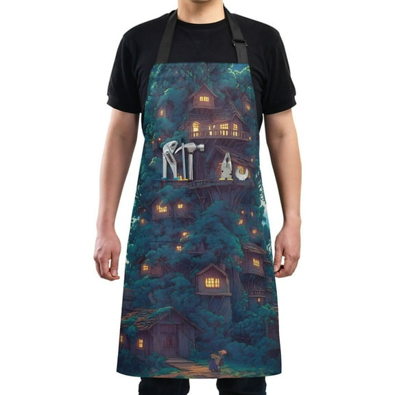 Anime Style Wooden House Chef Kitchen Apron with Pockets for Women Waterproof Aprons for Cooking Baking