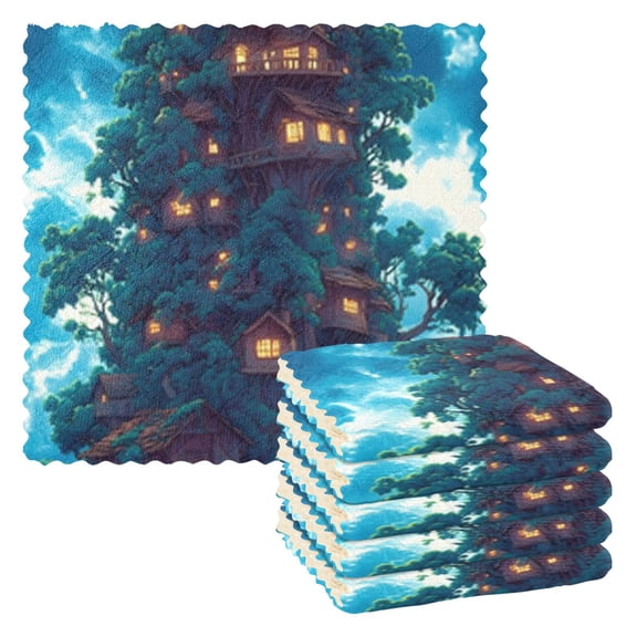 Anime Style Wooden House Kitchen Cloth Dish Towels for Drying Washing Absorbent Dish Rags Reusable soft kitchen dishcloth set 6 Pack