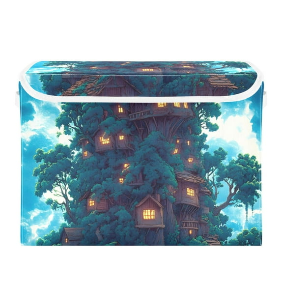 Anime Style Wooden House Large Storage Bins with Linen Collapsible Lid Storage Box 16.7 x 12.6 x 11.8in