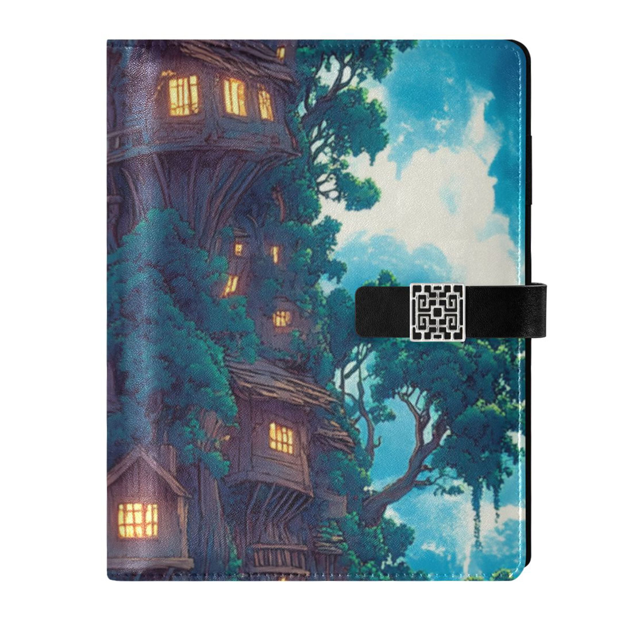 Anime Style Wooden House Leather Journal Notebook for Men Women A5 Hardcover Notebook with Pockets for Work Business Travel