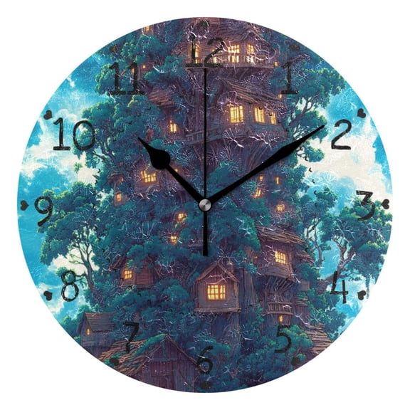 Anime Style Wooden House Round Wall Clock Silent Battery Operated Home Decor for Living Room Bedroom