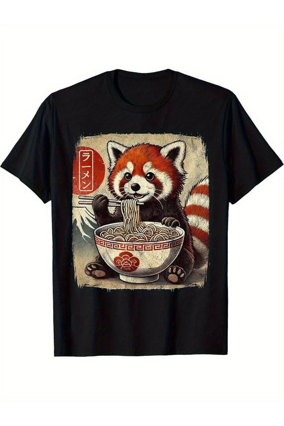[Anime T-Shirt] Men's Fun Red Panda Eating Ramen Japanese Kawaii Anime Pattern T-Shirt | Black Casual Crew Neck, Suitable for Outdoor Activities and Daily Wear