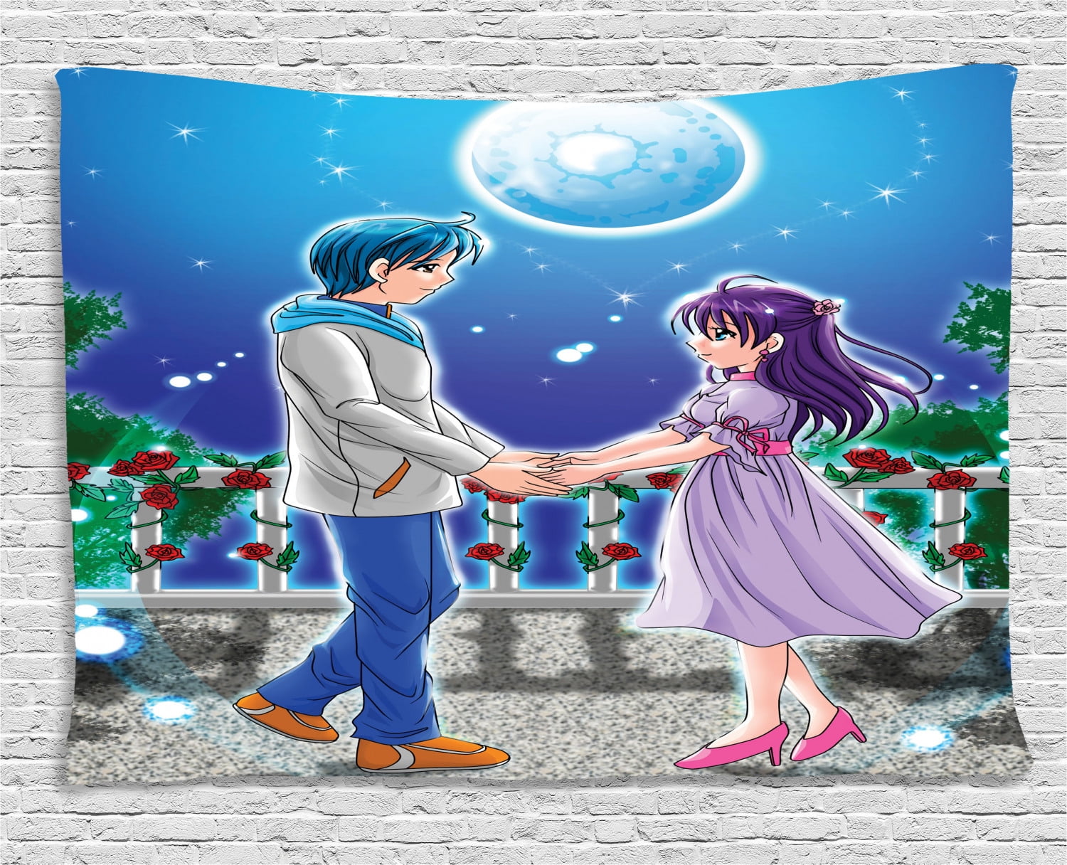 Anime Tapestry, Illustration of Romantic Couple Holding Hands