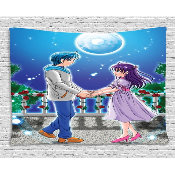Anime Tapestry, Illustration of Romantic Couple Holding Hands under Moonlight Love in Manga Themed Print, Wall Hanging for Bedroom Living Room Dorm Decor, 60W X 40L Inches, Blue, by Ambesonne